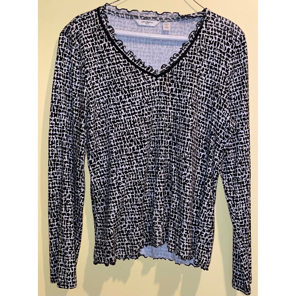 Liz Claiborne New York Black White Grid V-Neck Lettuce Edge Top Petite Large